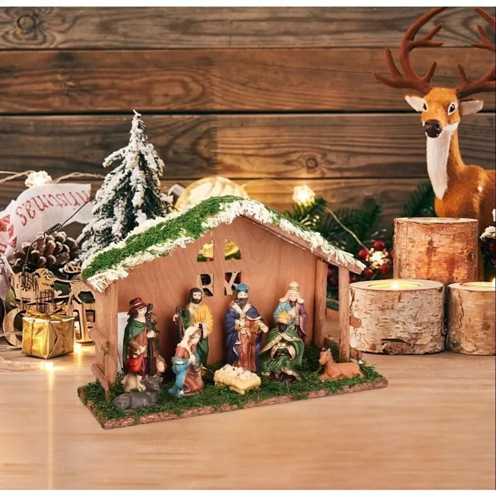 Lighted Christmas Nativity Set, Nativity Sets for Christmas Indoor w/Wooden Stal